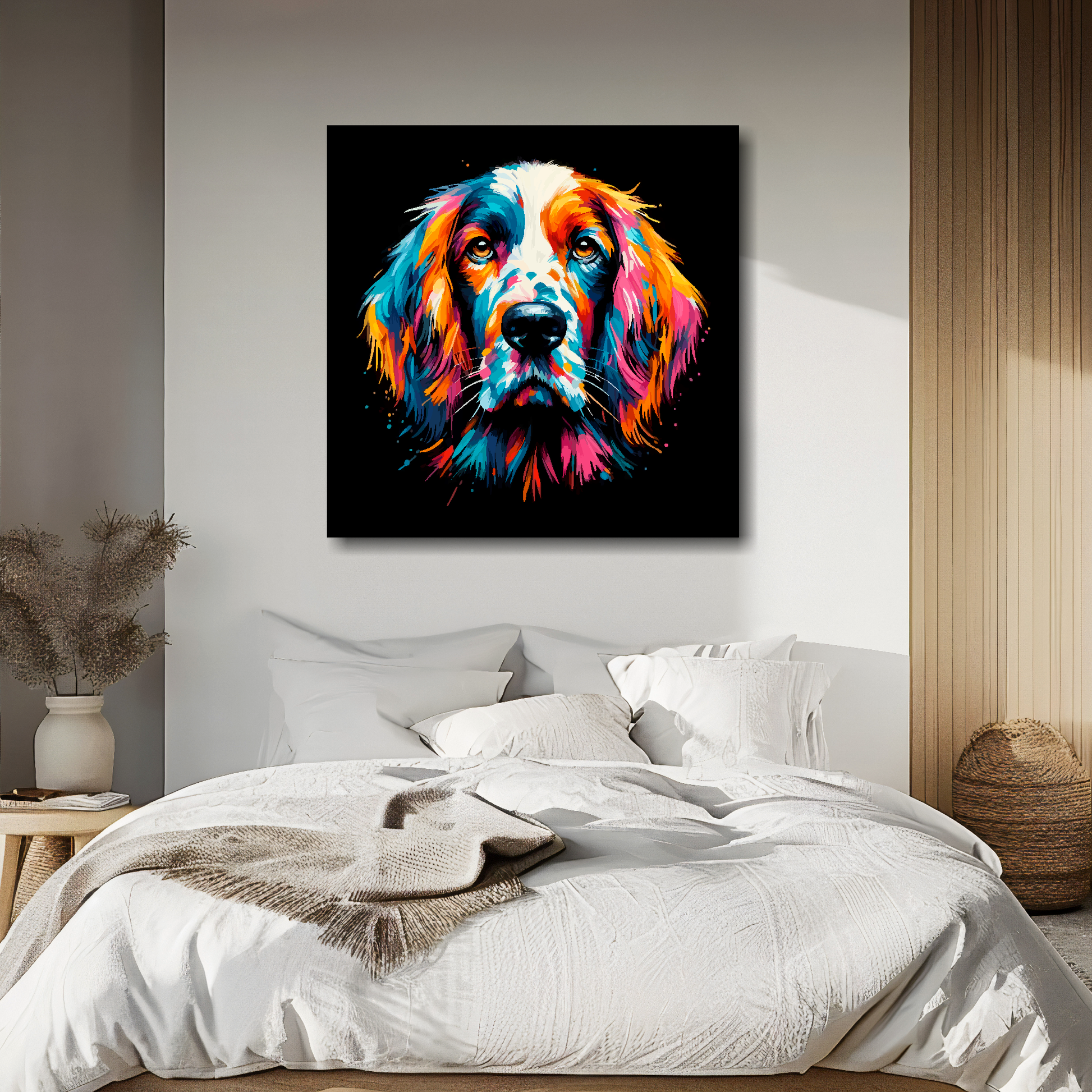 English Setter portrait canvas above bed - colourful dog wall decor for UK bedrooms