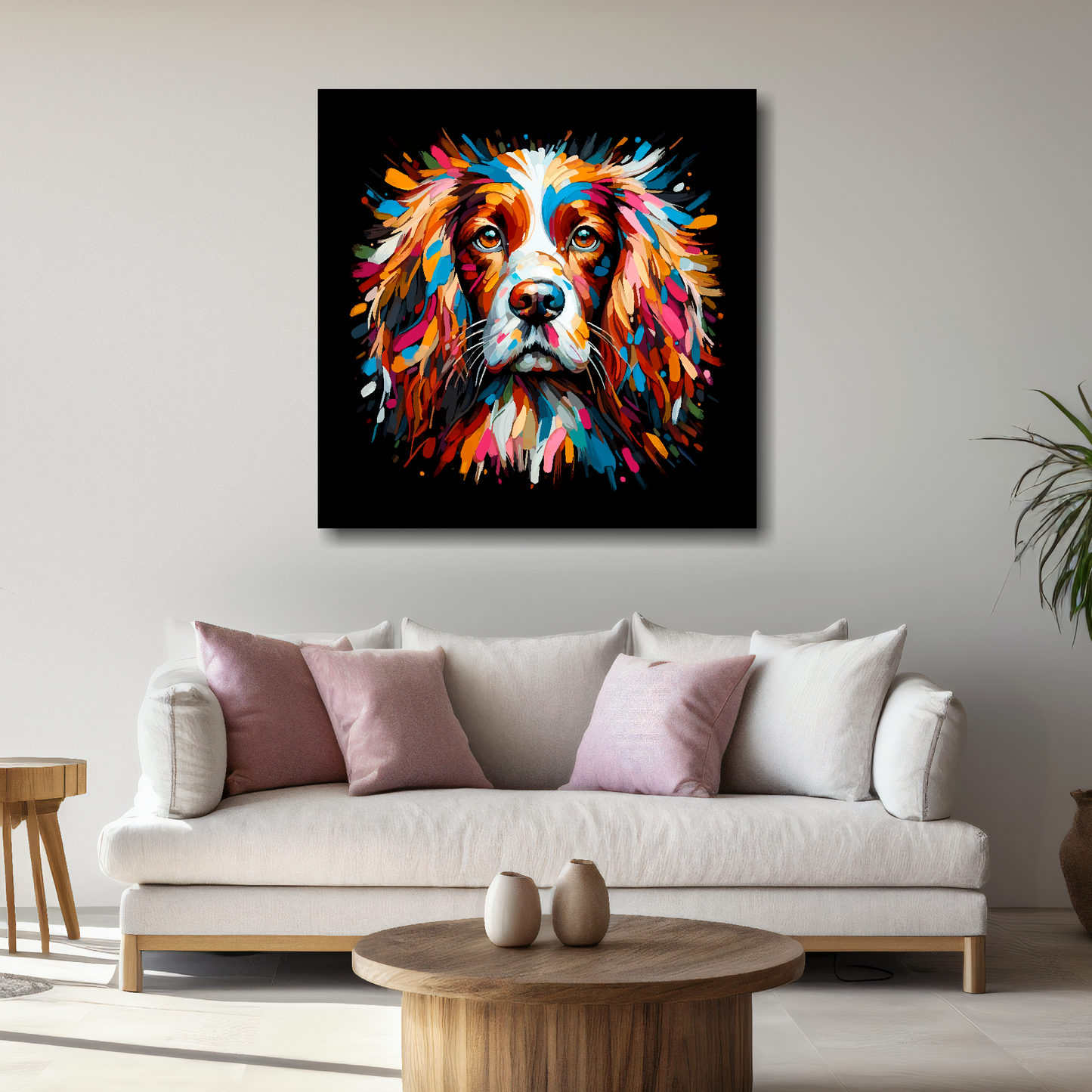Large English Springer Spaniel canvas above white sofa - vibrant abstract dog portrait wall art UK