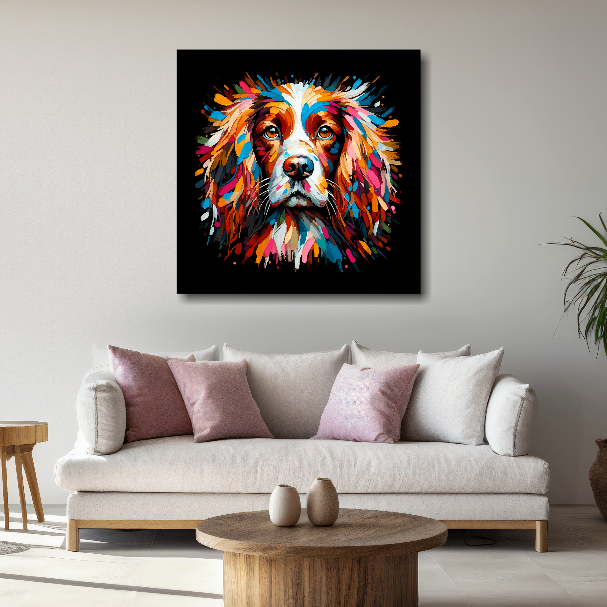 Large English Springer Spaniel canvas above white sofa - vibrant abstract dog portrait wall art UK