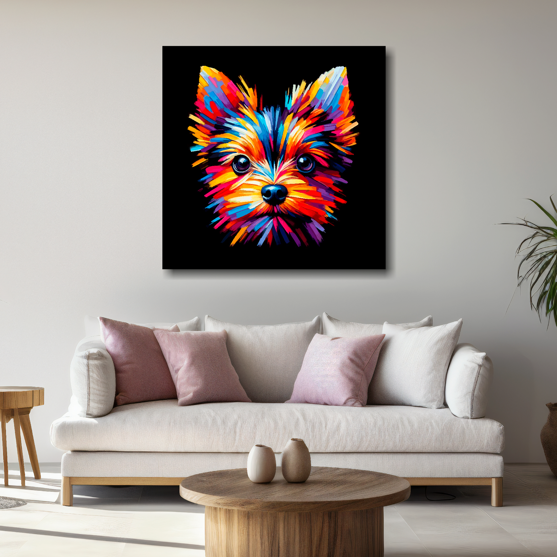 Large English Toy Terrier canvas above white sofa - vibrant abstract dog portrait wall art UK