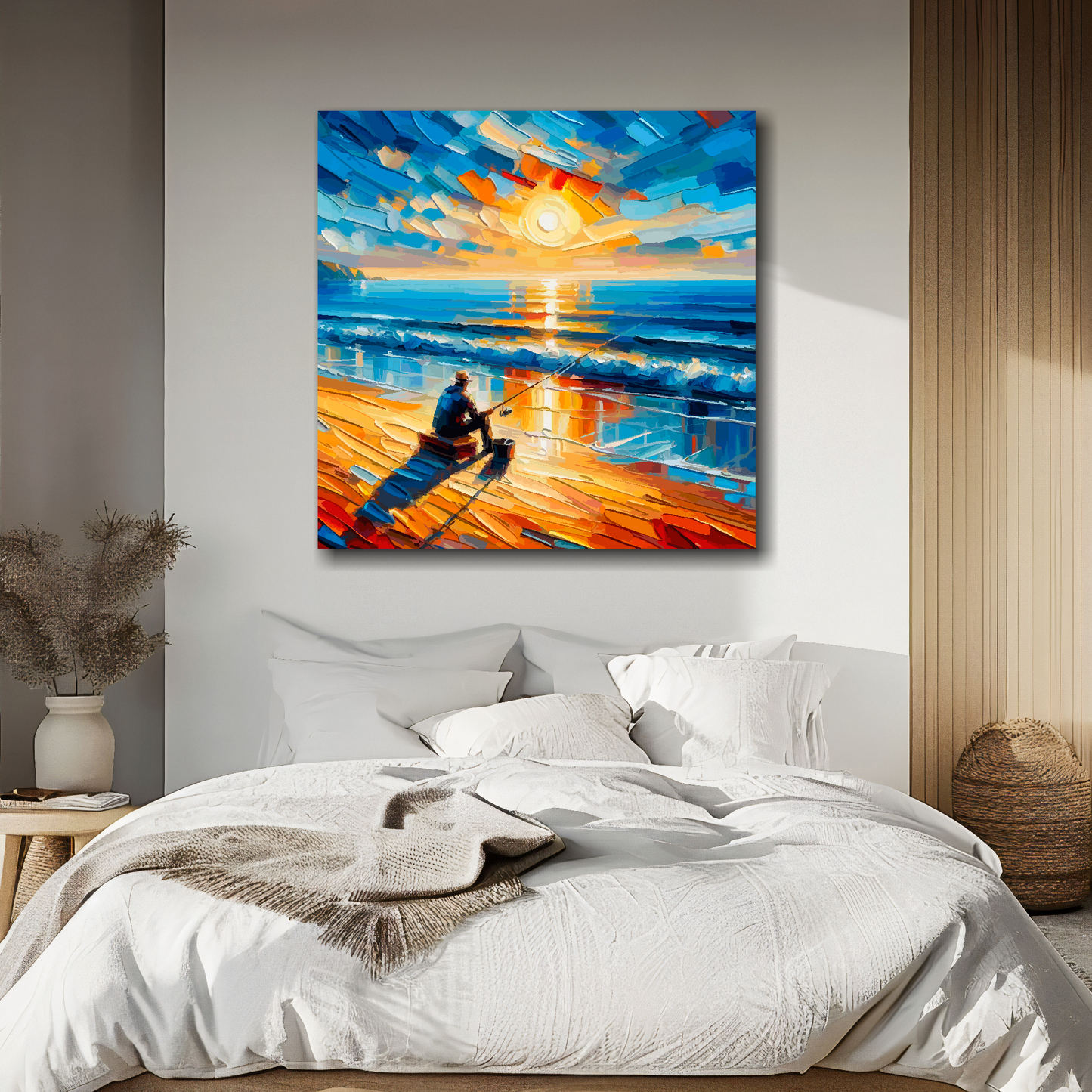 Evenings fishing canvas above bed - colourful leisure wall decor for UK bedrooms
