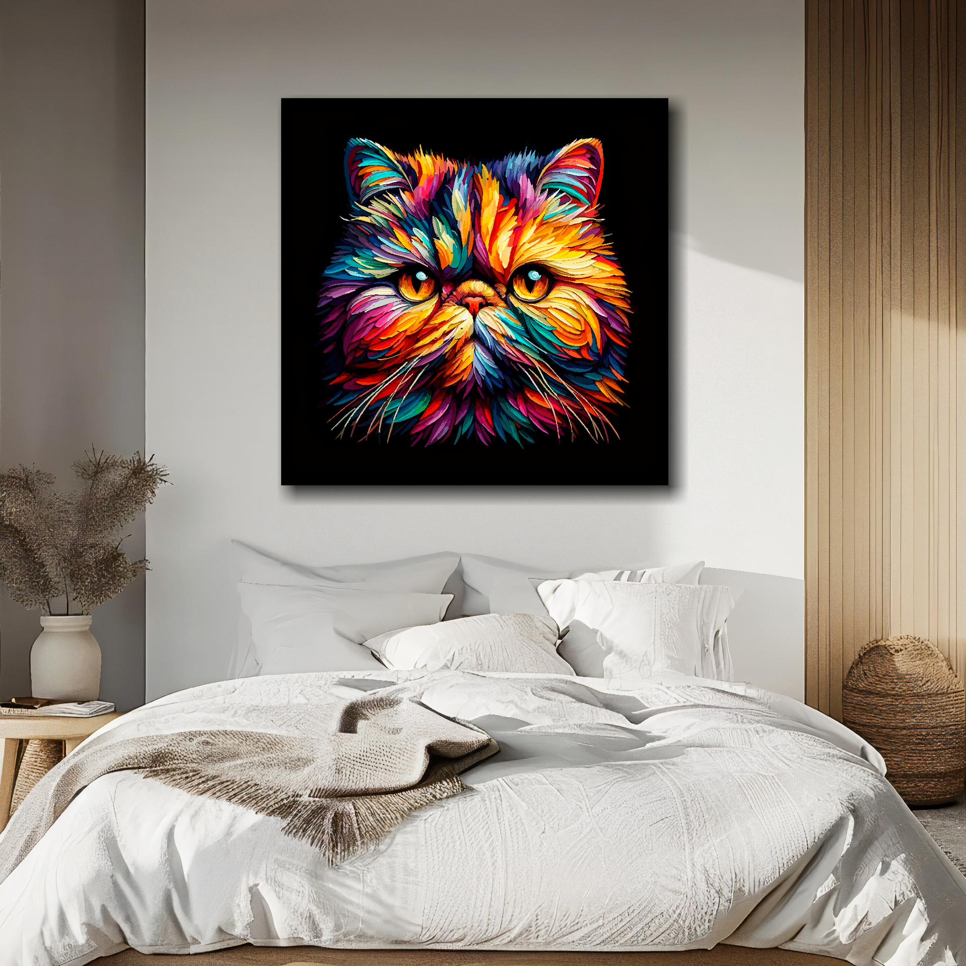 Exotic Shorthair cat portrait canvas above bed - colourful cat wall decor for UK bedrooms