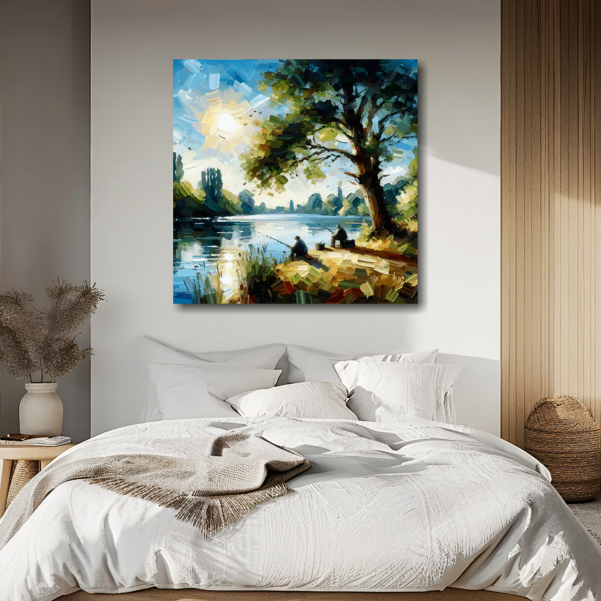 Fishing buddies canvas above bed - colourful landscape wall decor for UK bedrooms