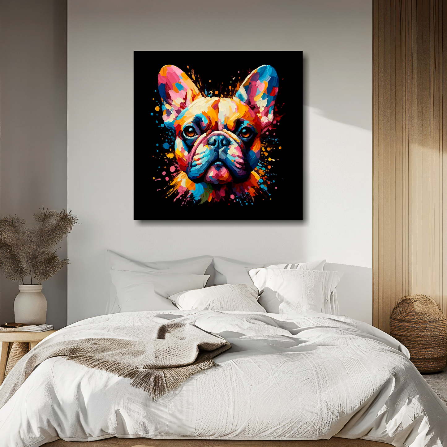 French Bulldog portrait canvas above bed - colourful dog wall decor for UK bedrooms