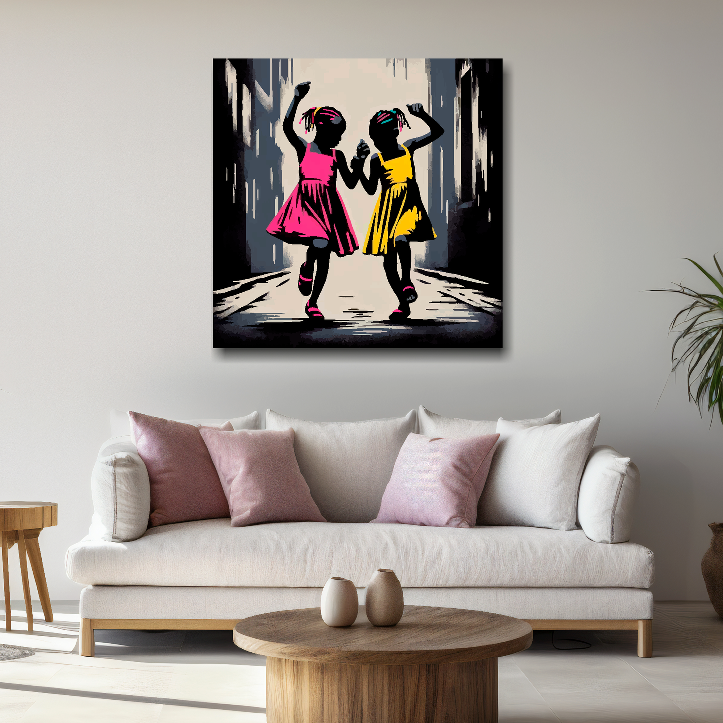 Large dancing in the street canvas above white sofa - vibrant abstract dance wall art UK