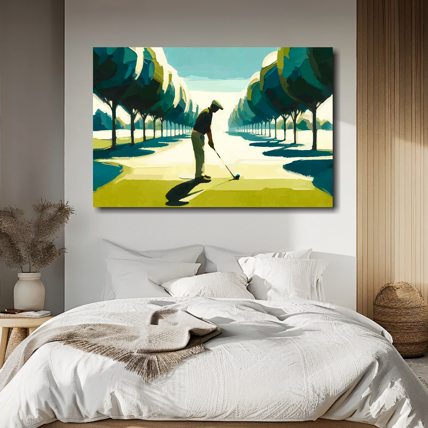 Golf is hard canvas above bed - colourful sports wall decor for UK bedrooms