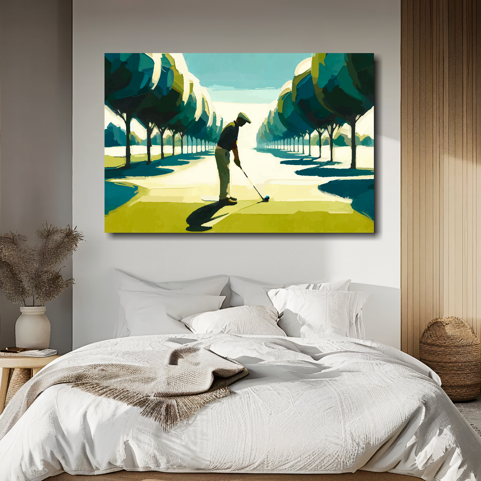 Golf is hard canvas above bed - colourful sports wall decor for UK bedrooms