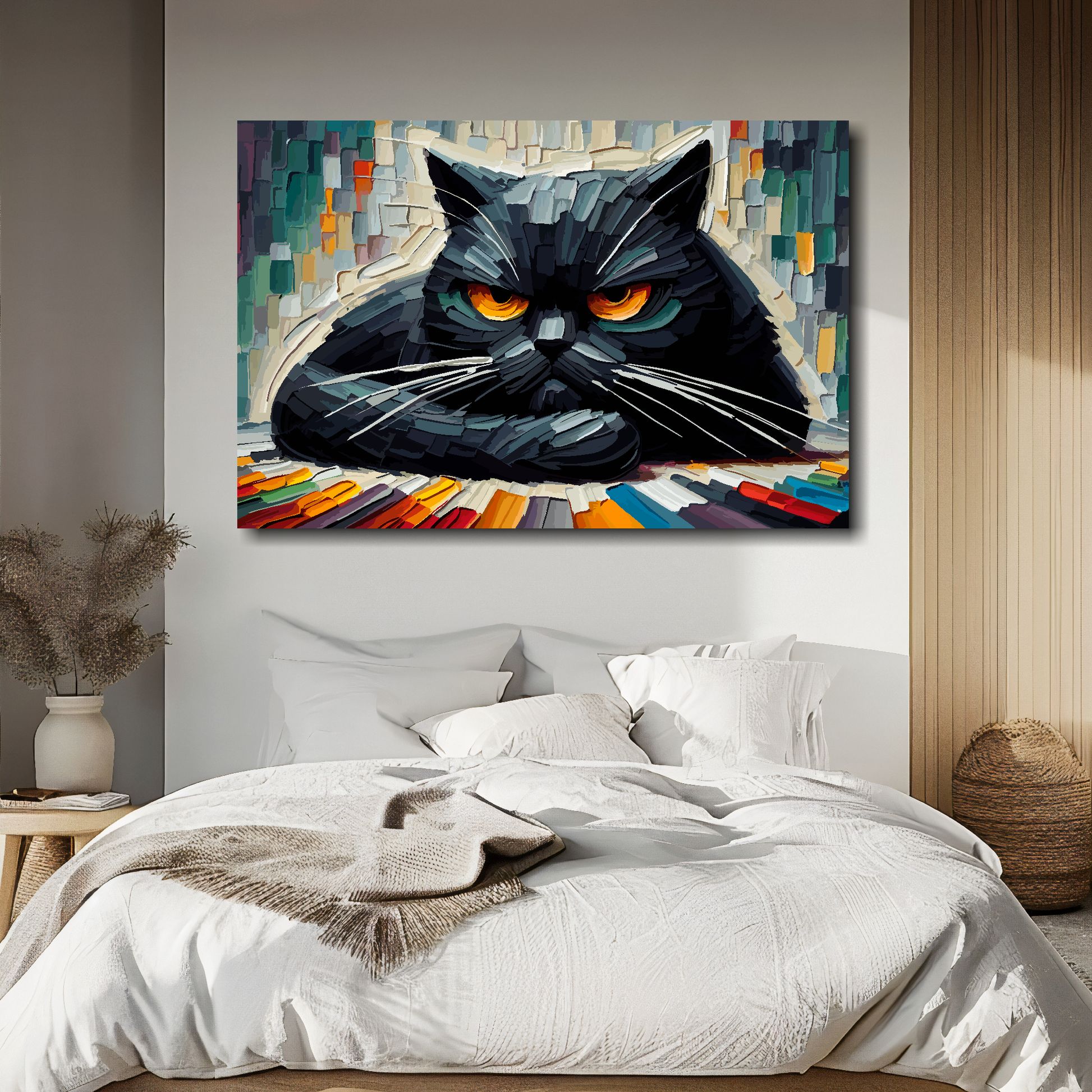 Abstract canvas print of a grumpy black cat. Mounted on a white wall above a double bed.