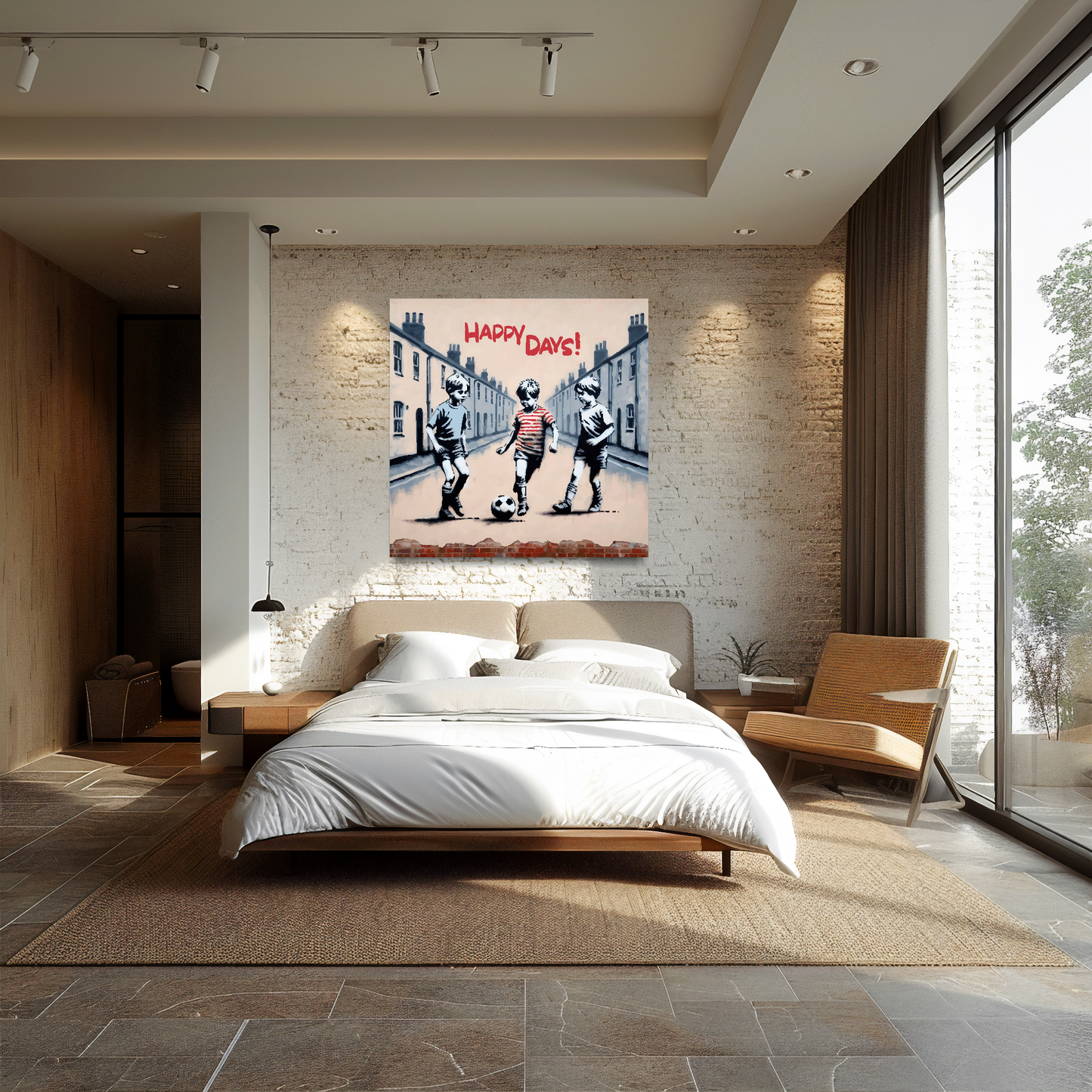 Happy days boys football canvas above bed - colourful wall mural decor for UK bedrooms
