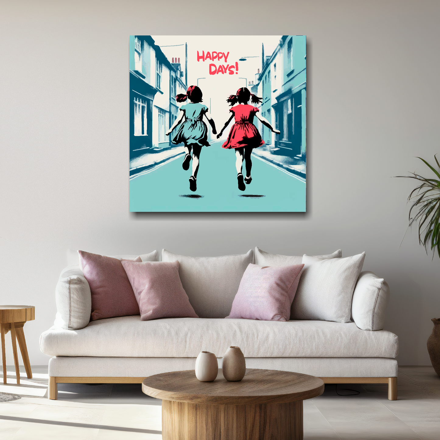 Large girl best friends canvas above white sofa - vibrant abstract friendship wall art UK