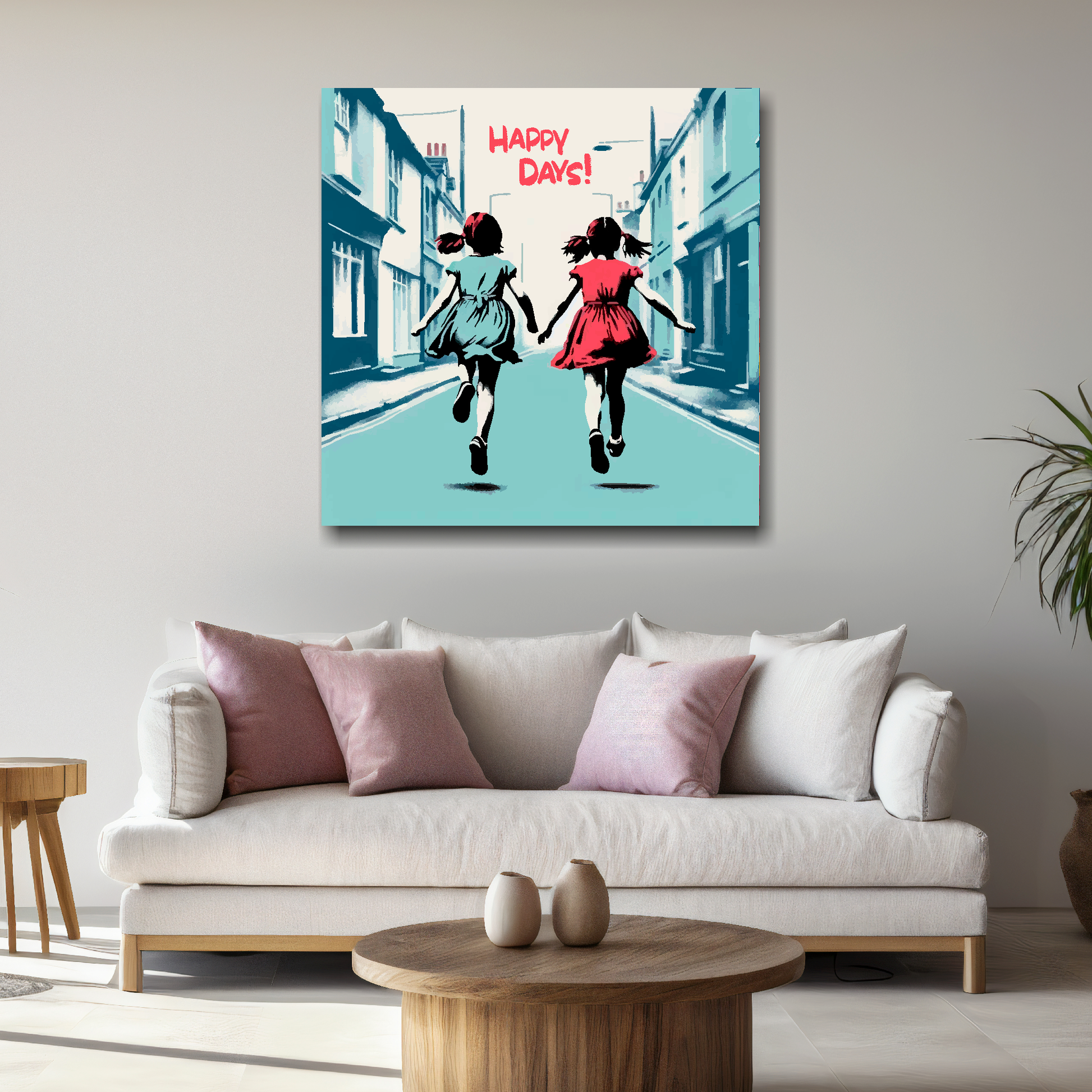 Large girl best friends canvas above white sofa - vibrant abstract friendship wall art UK