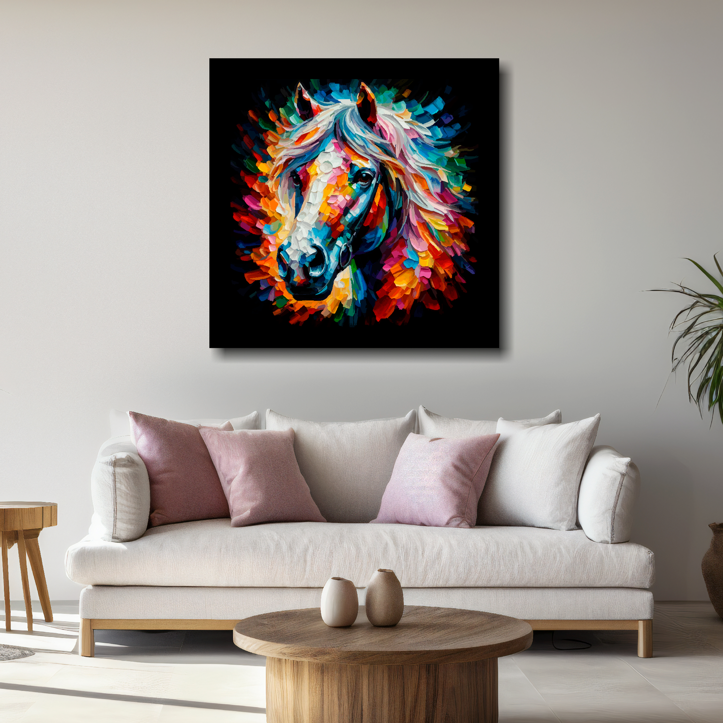 Large Horse canvas above white sofa - vibrant abstract farm animal portrait wall art UK