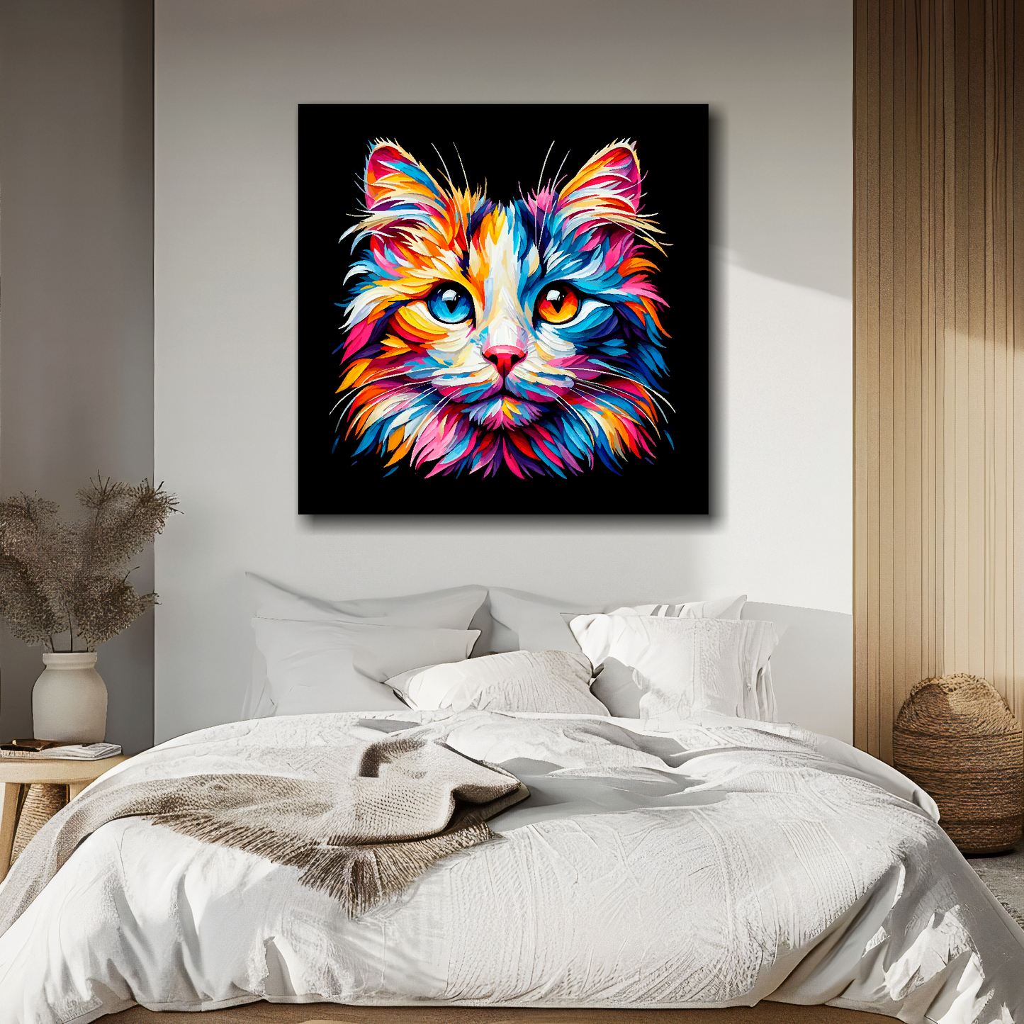 Japanese Bobtail cat portrait canvas above bed - colourful cat wall decor for UK bedrooms