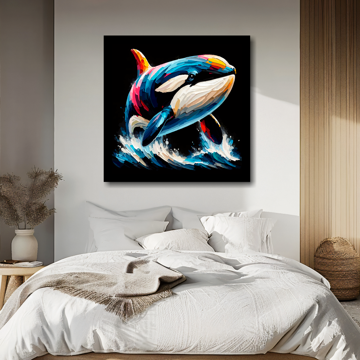 Killer Whale portrait canvas above bed - colourful wildlife wall decor for UK bedrooms
