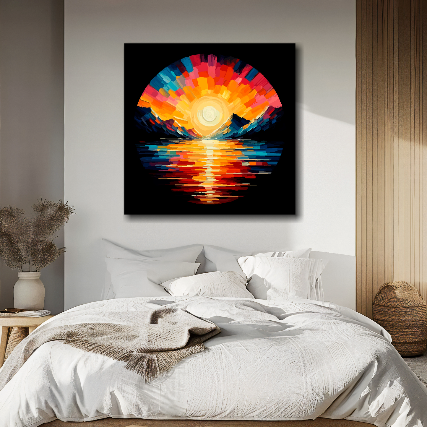 Lake sunset canvas above bed - colourful landscape wall decor for UK bedrooms