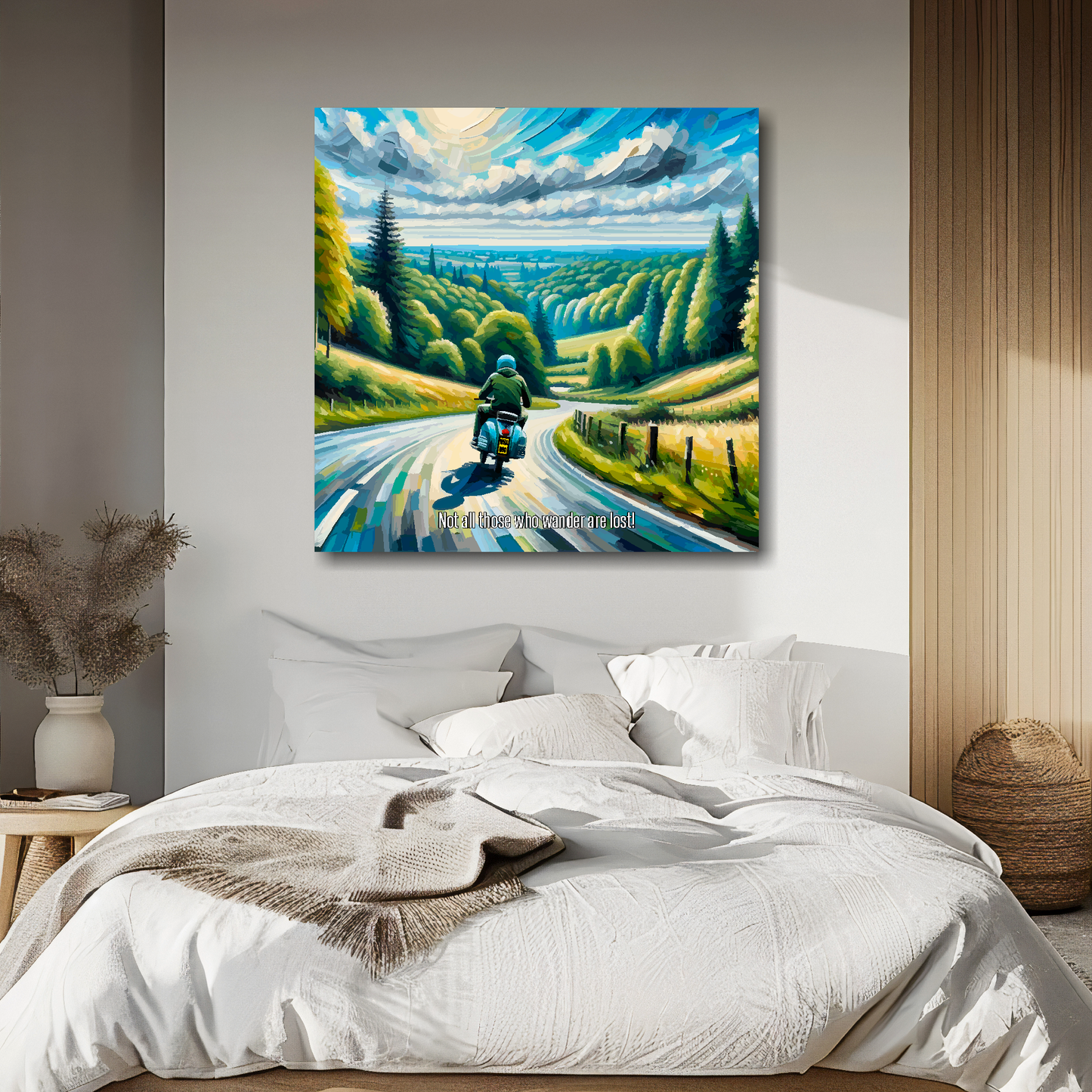 Lambretta canvas above bed - colourful retro wall decor for UK bedrooms