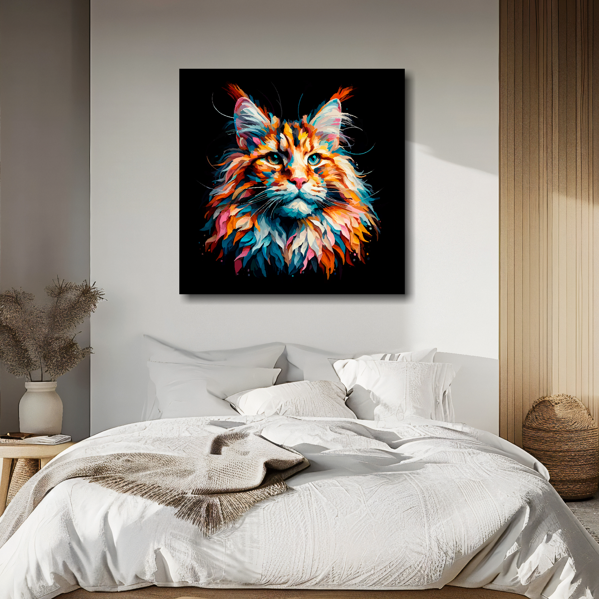 Maine Coon cat portrait canvas above bed - colourful cat wall decor for UK bedrooms