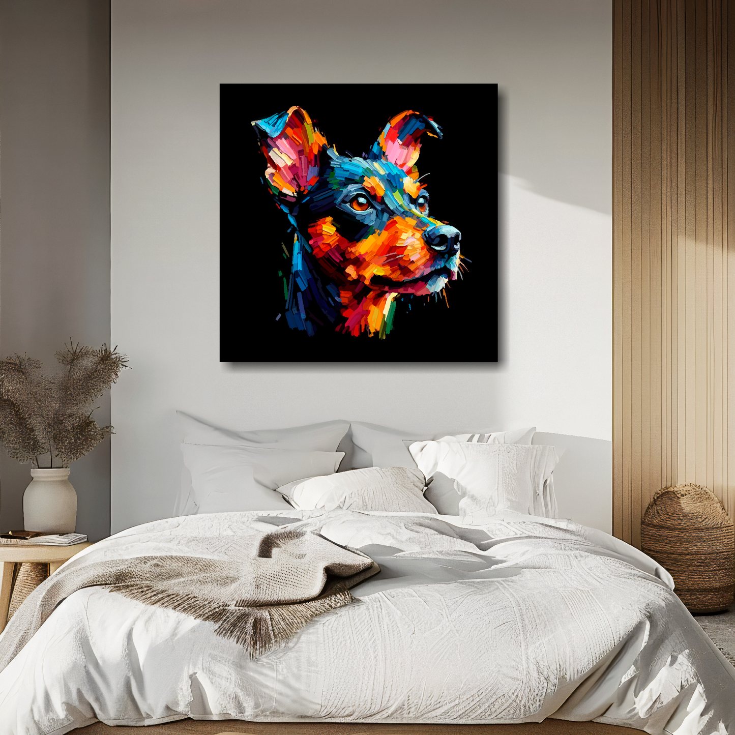 Manchester Terrier portrait canvas above bed - colourful dog wall decor for UK bedrooms
