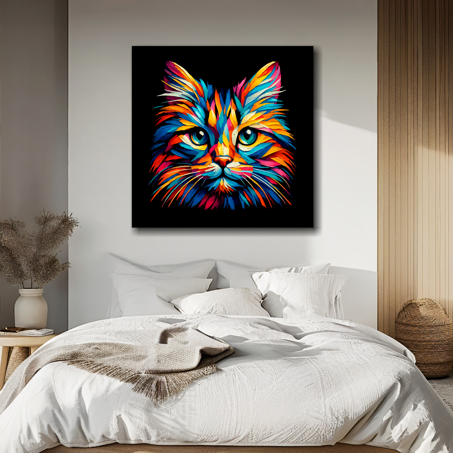 Manx cat portrait canvas above bed - colourful cat wall decor for UK bedrooms