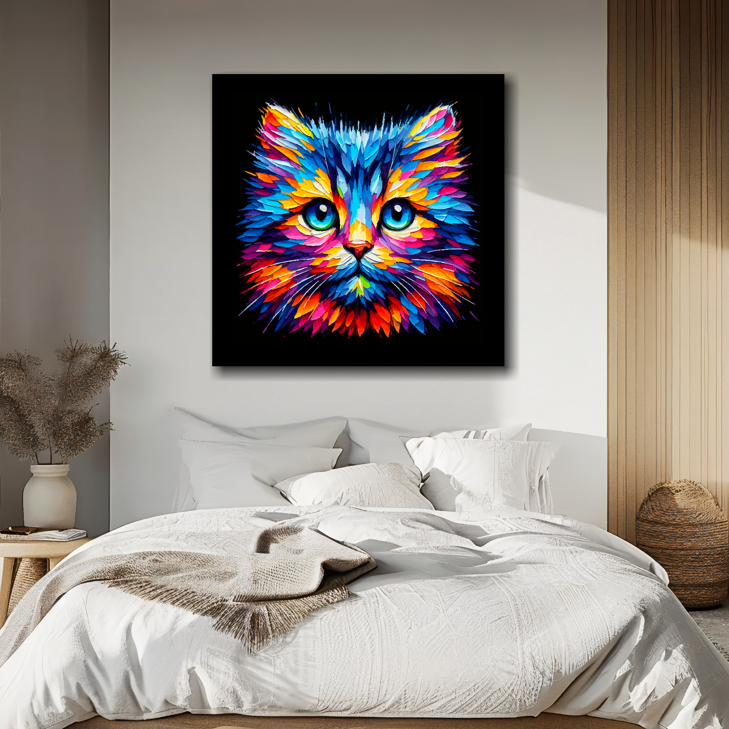 Moggie cat portrait canvas above bed - colourful cat wall decor for UK bedrooms