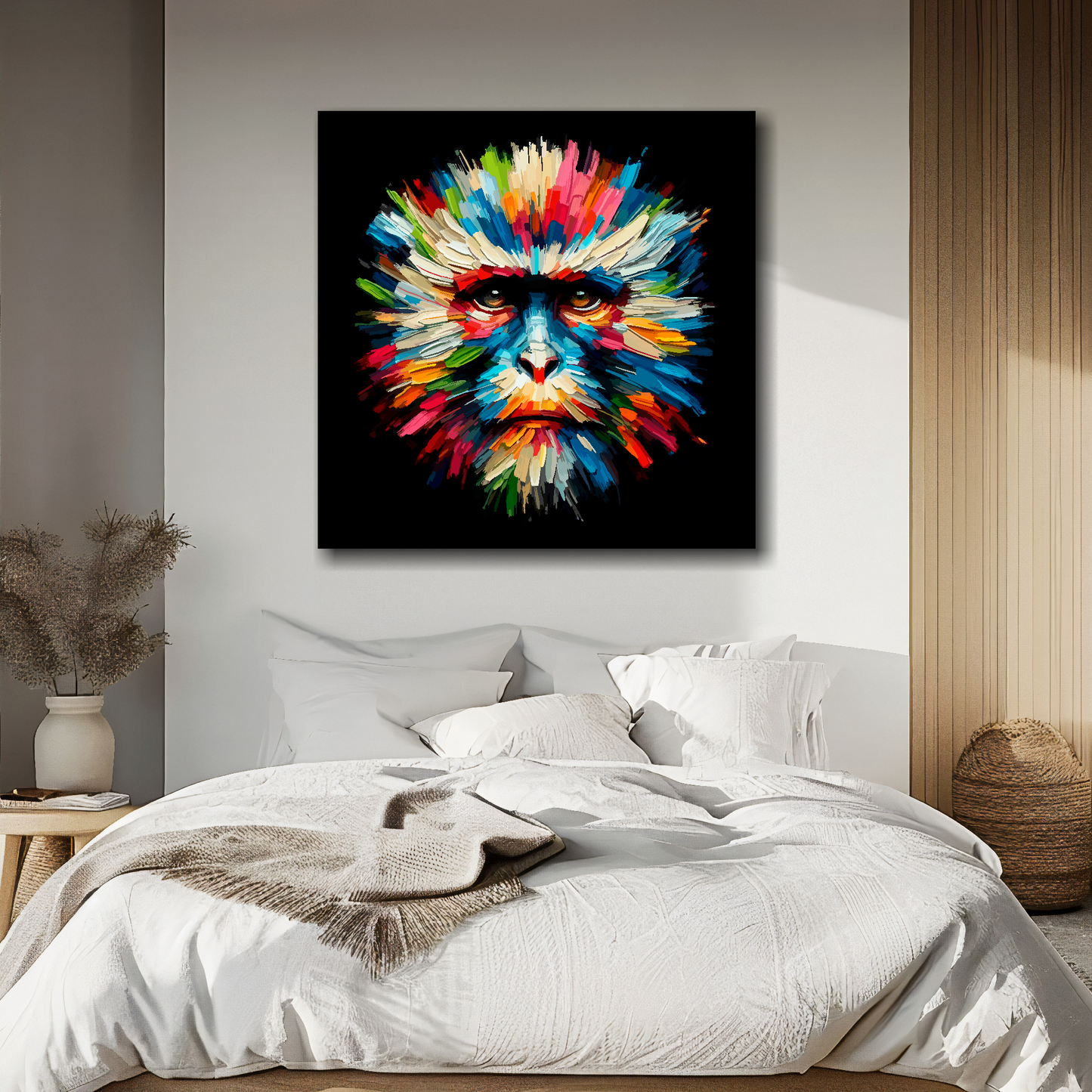 Monkey portrait canvas above bed - colourful wildlife wall decor for UK bedrooms