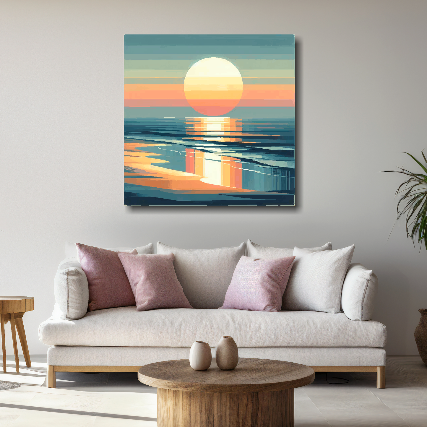 Large moody sunset canvas above white sofa - vibrant abstract coastal wall art UK