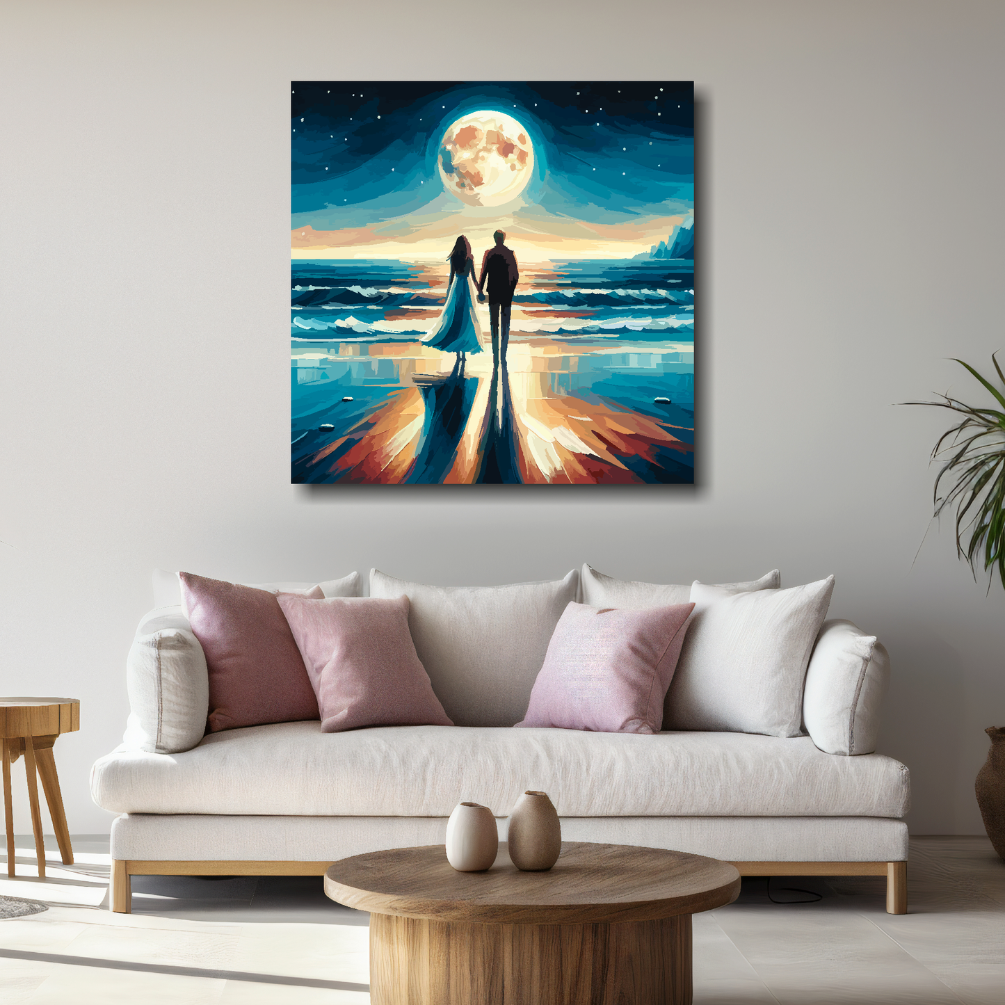 Large moonlight romance canvas above white sofa - vibrant abstract coastal wall art UK