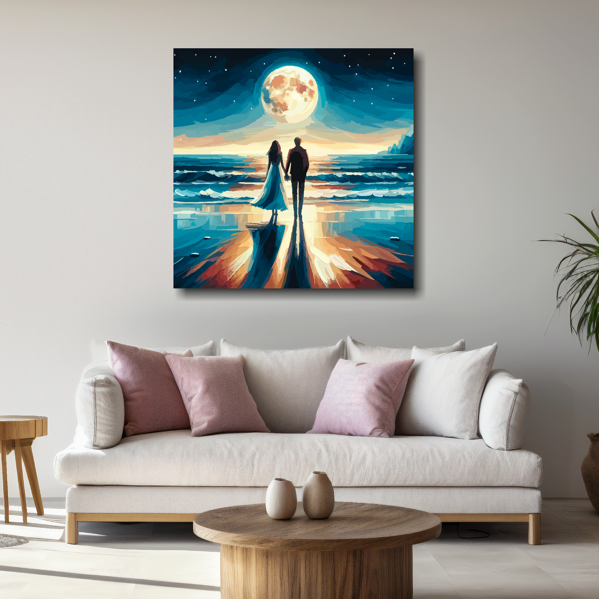 Large moonlight romance canvas above white sofa - vibrant abstract coastal wall art UK