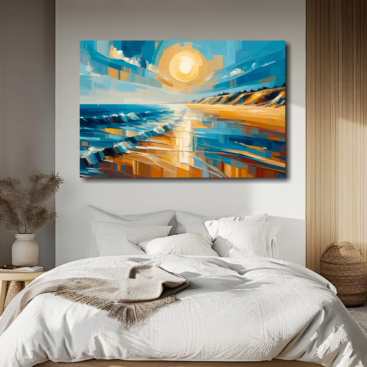 Golden coast canvas above bed - colourful coastal wall decor for UK bedrooms