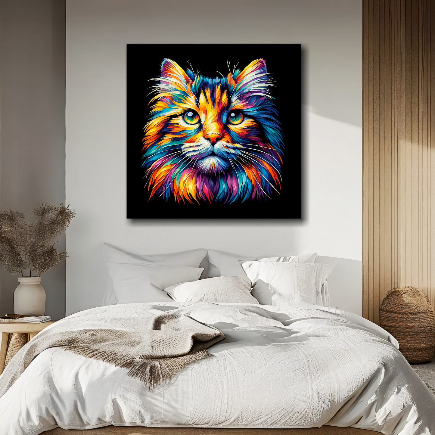 Norwegian Forest cat portrait canvas above bed - colourful cat wall decor for UK bedrooms