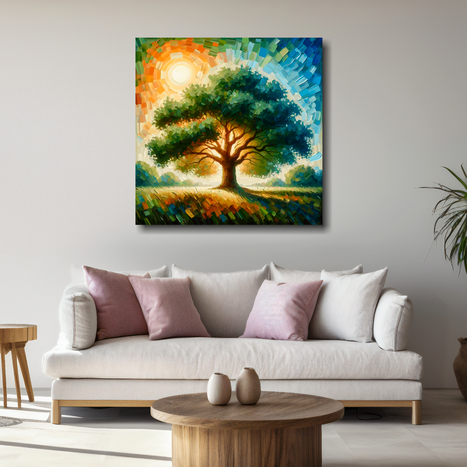 Large oak tree canvas above white sofa - vibrant abstract botanical wall art UK