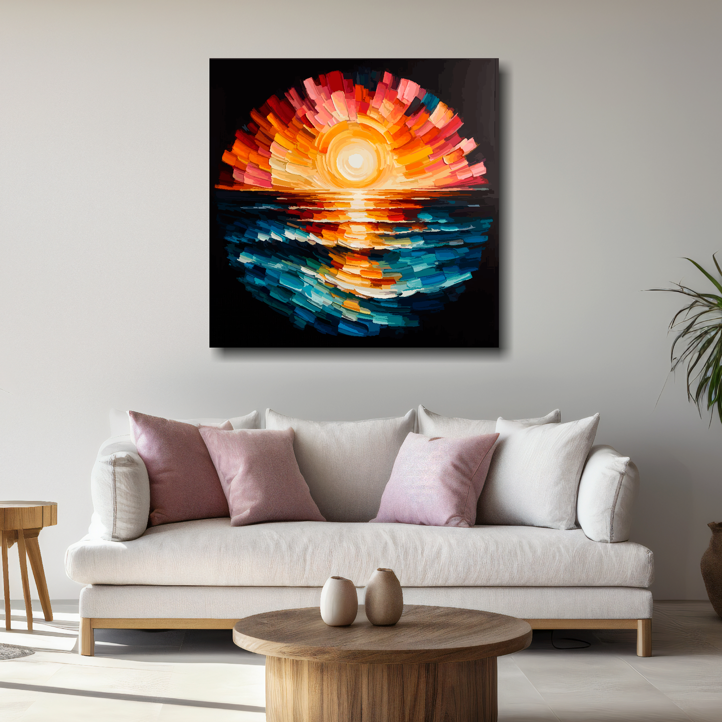 Large ocean sunset canvas above white sofa - vibrant abstract coastal wall art UK