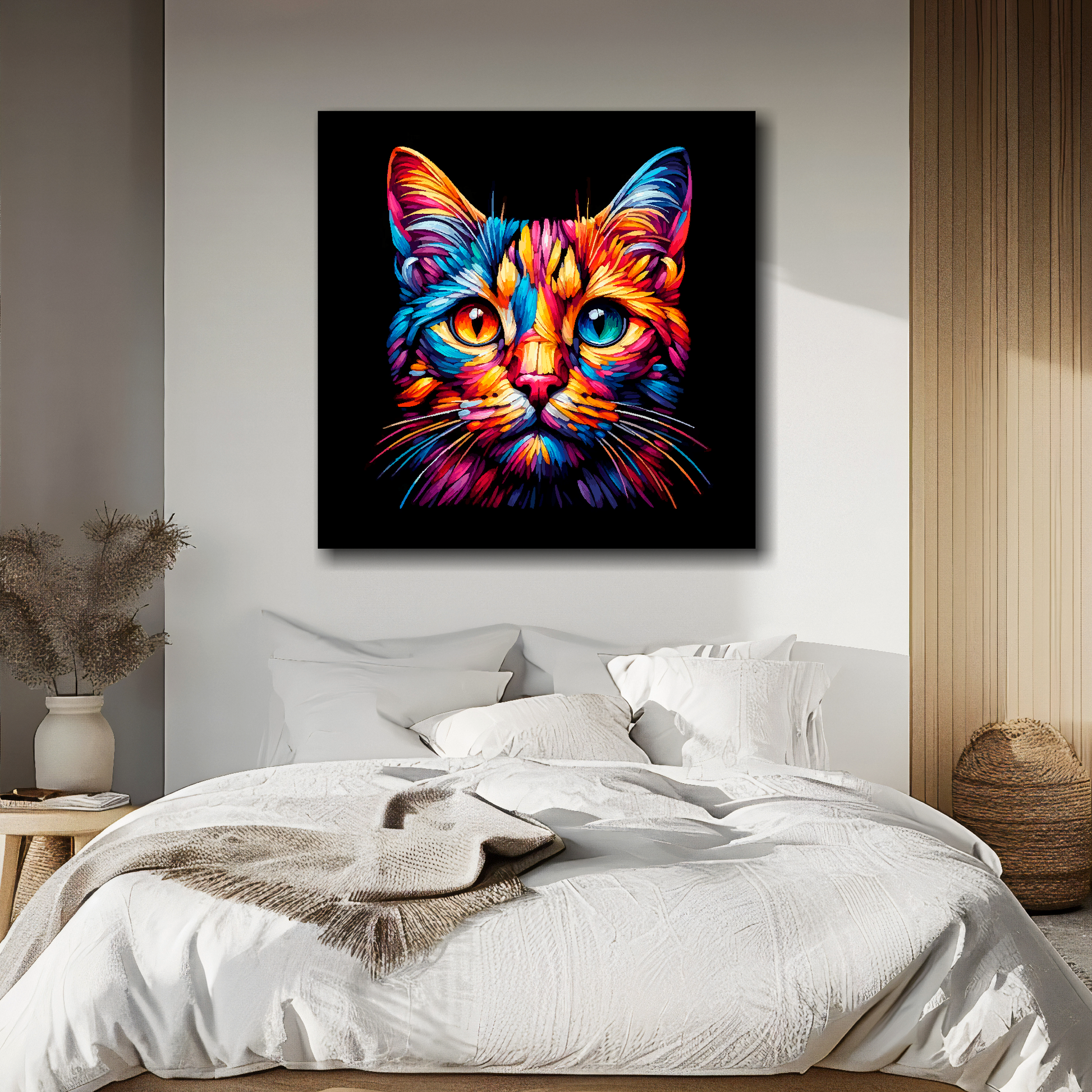 Ocicat portrait canvas above bed - colourful cat wall decor for UK bedrooms