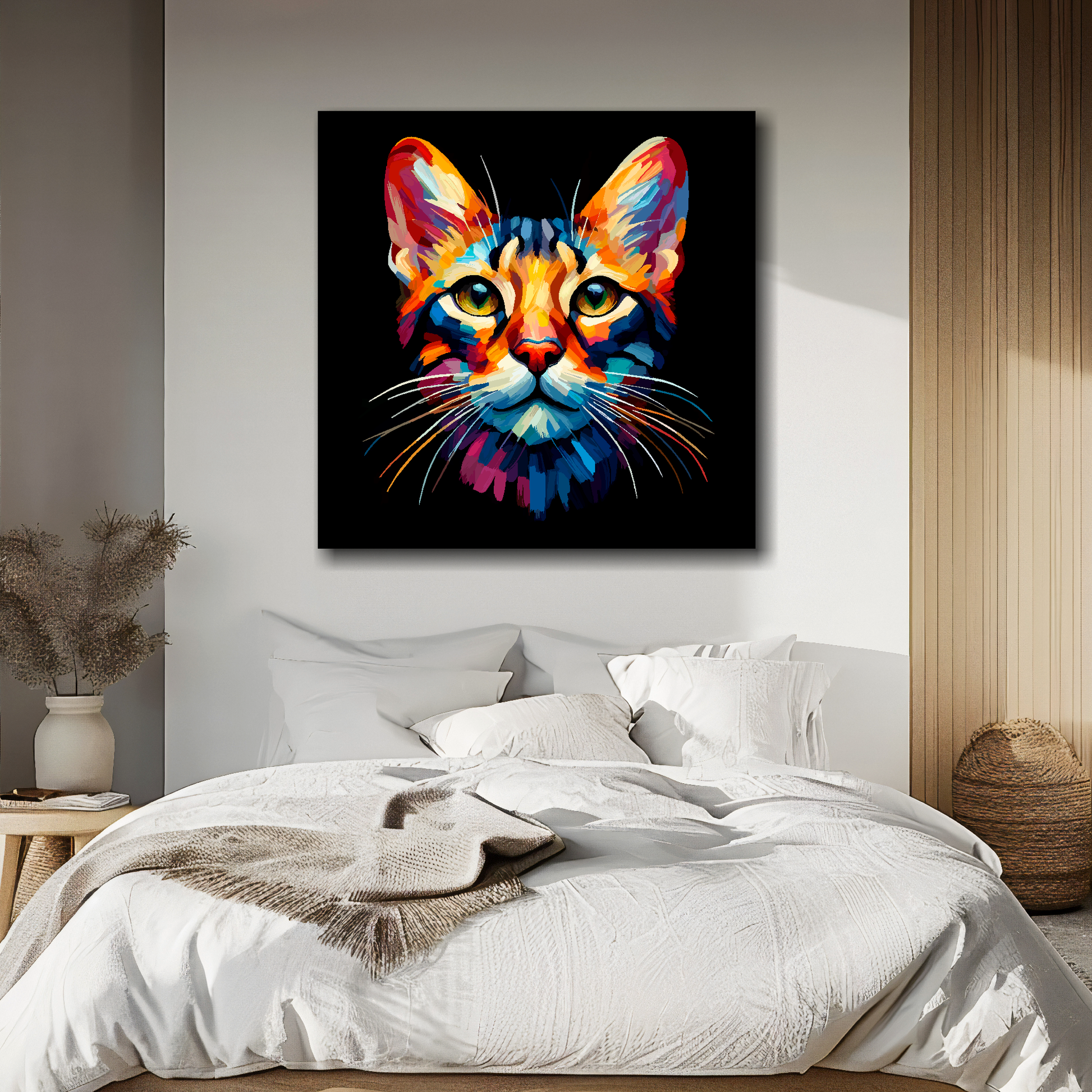Oriental cat portrait canvas above bed - colourful cat wall decor for UK bedrooms