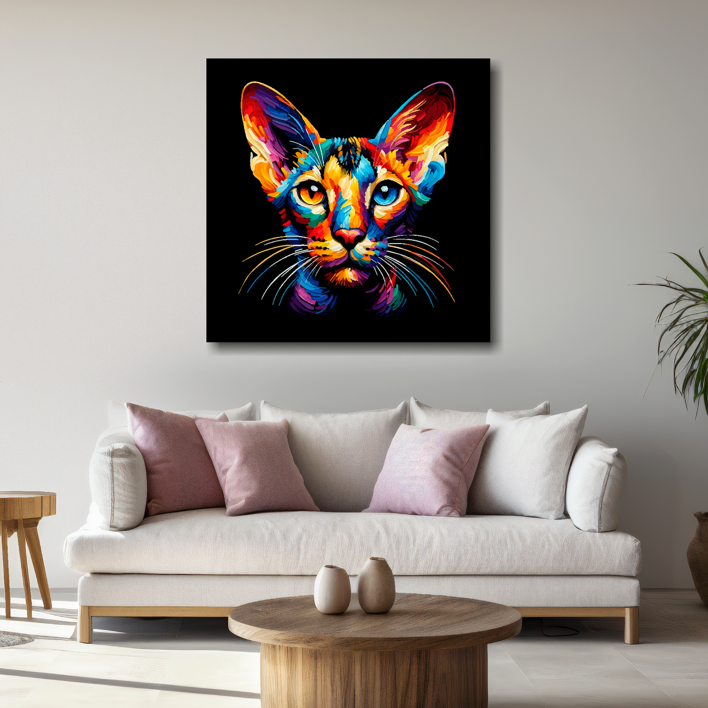 Large Oriental Shorthair cat canvas above white sofa - vibrant abstract cat portrait wall art UK