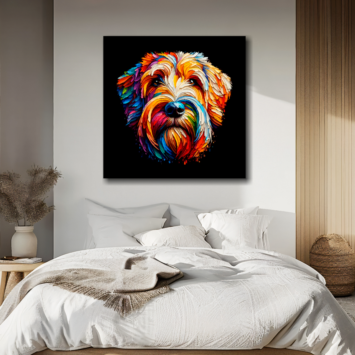 Otterhound portrait canvas above bed - colourful dog wall decor for UK bedrooms