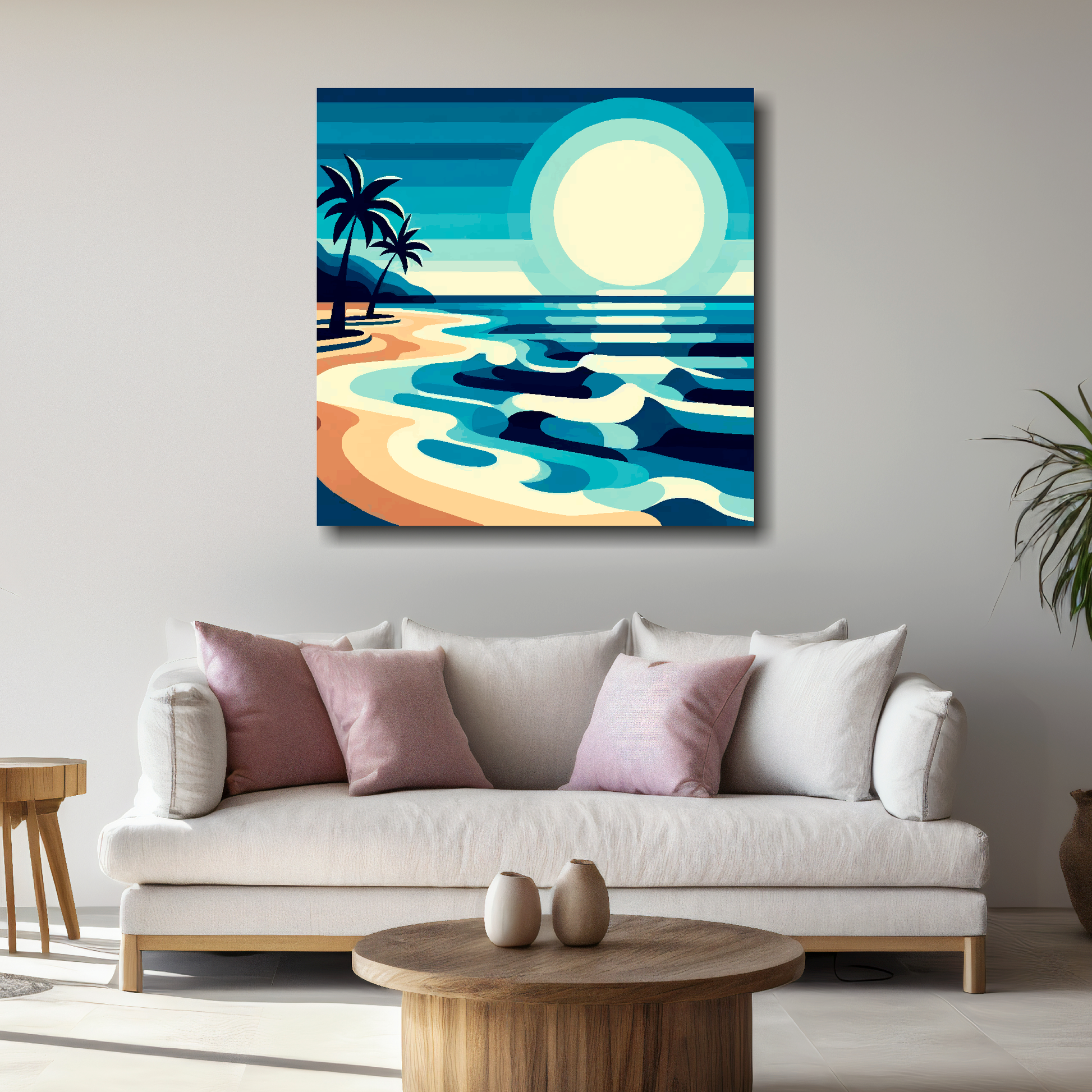 Large palm beach canvas above white sofa - vibrant abstract coastal wall art UK