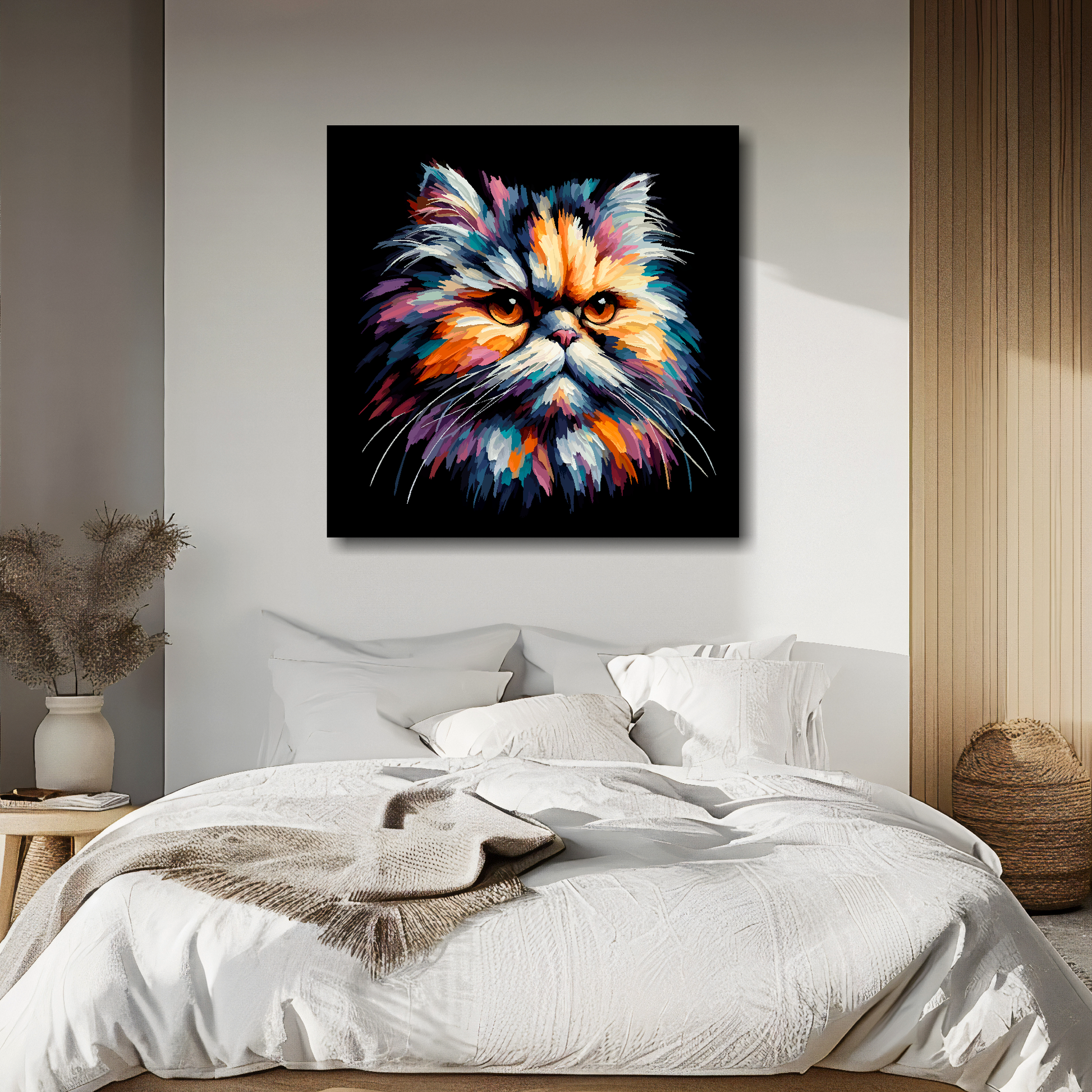 Persian cat portrait canvas above bed - colourful cat wall decor for UK bedrooms