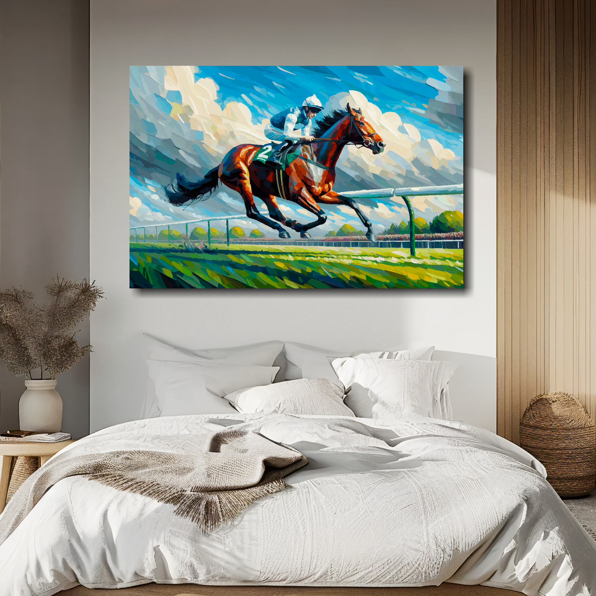 Large abstract canvas print of a Race Horse. Mounted on a white wall above a double bed.