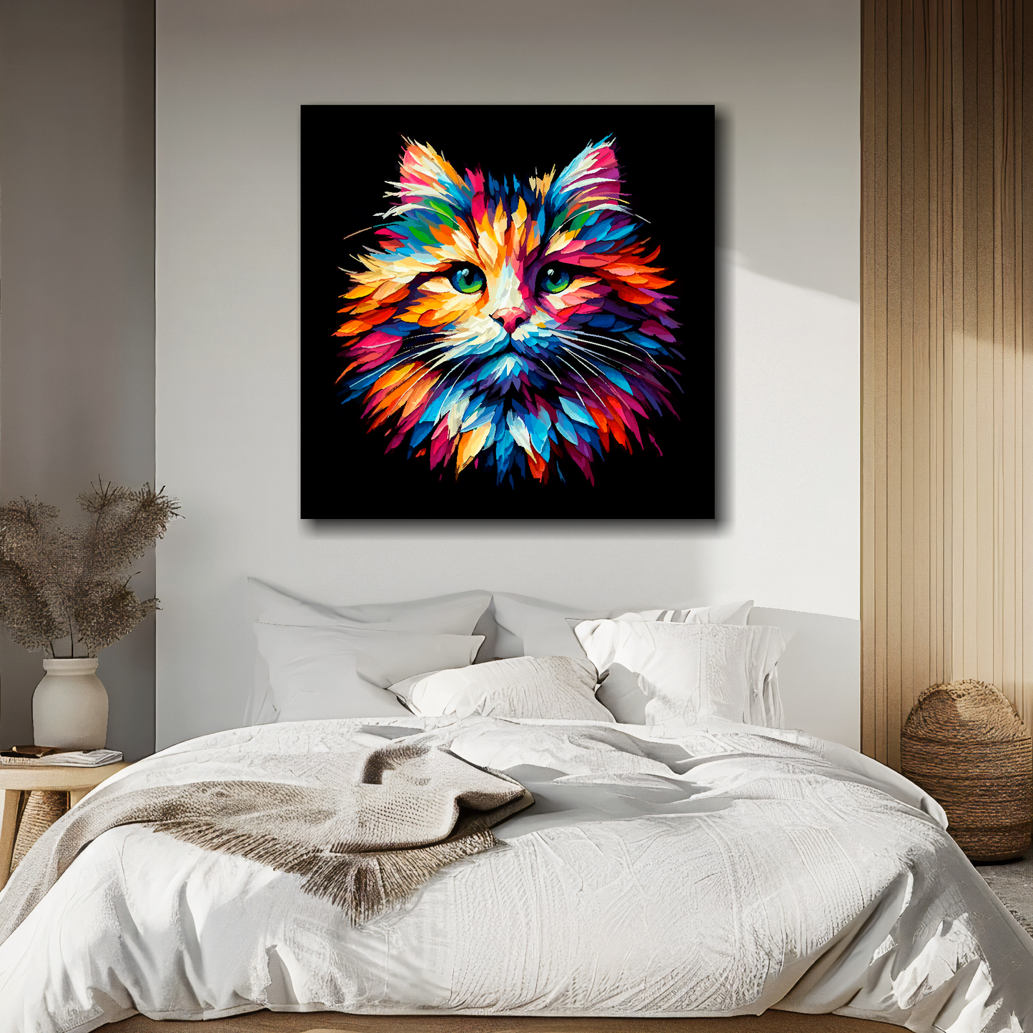 Ragamuffin cat portrait canvas above bed - colourful cat wall decor for UK bedrooms
