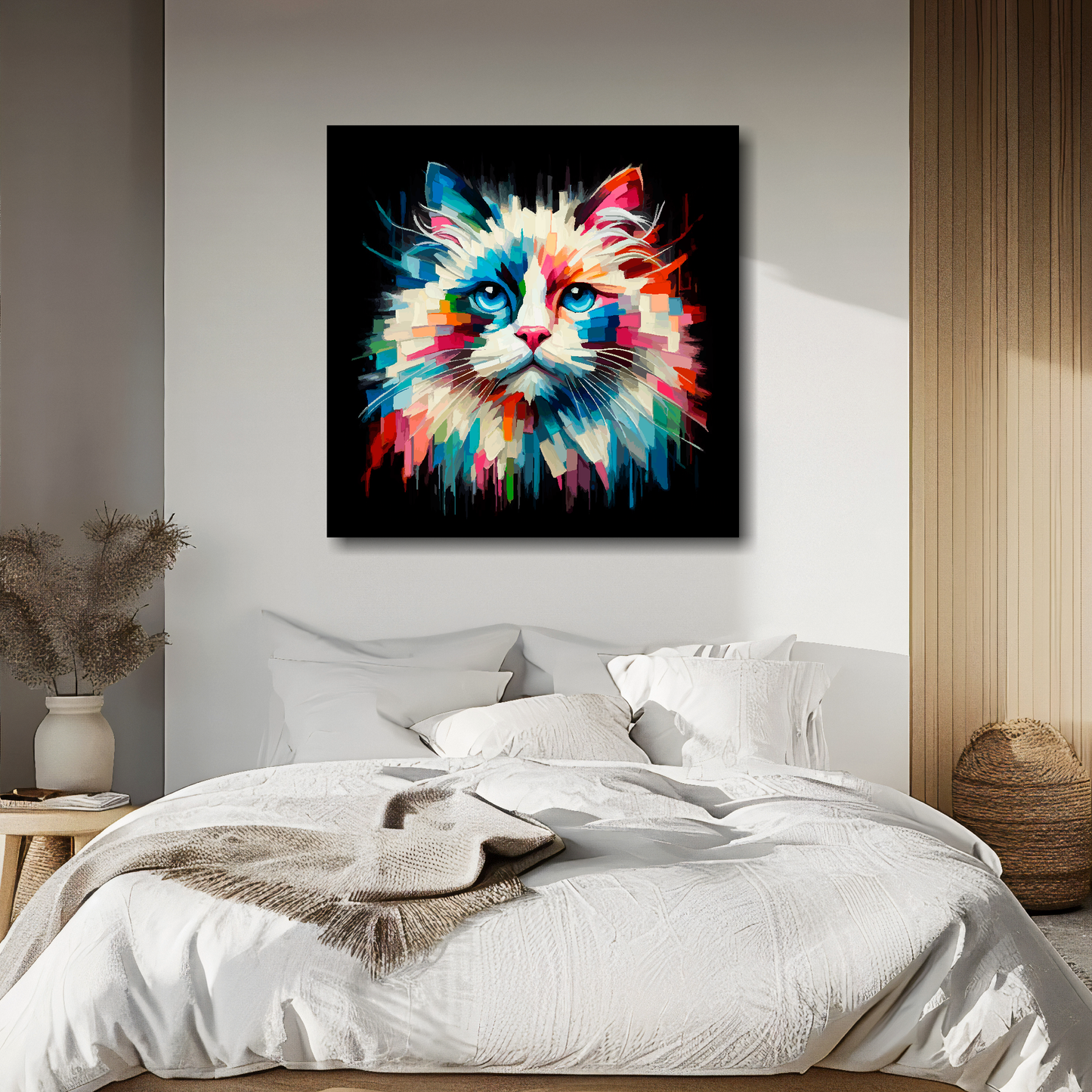 Ragdoll cat portrait canvas above bed - colourful cat wall decor for UK bedrooms
