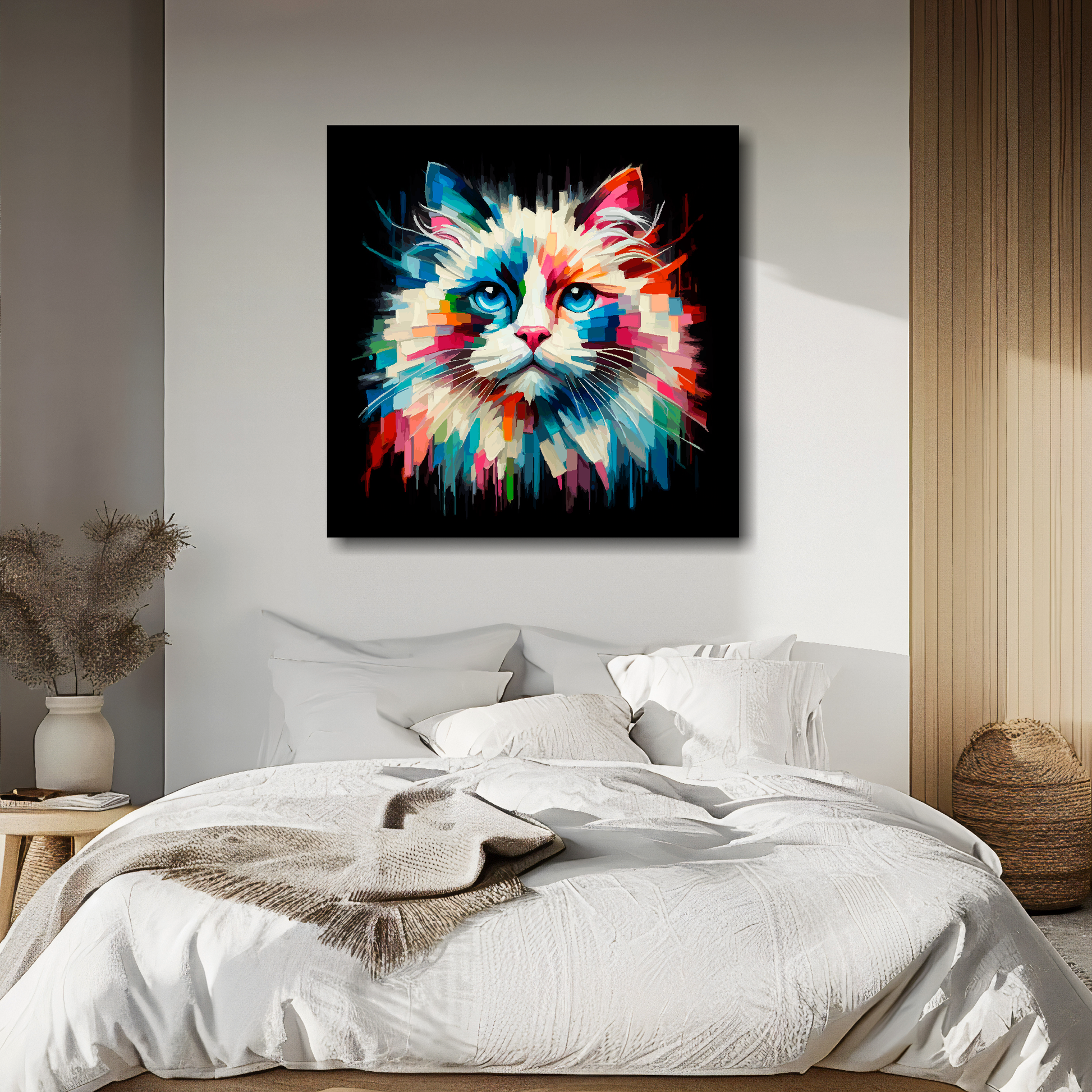 Ragdoll cat portrait canvas above bed - colourful cat wall decor for UK bedrooms