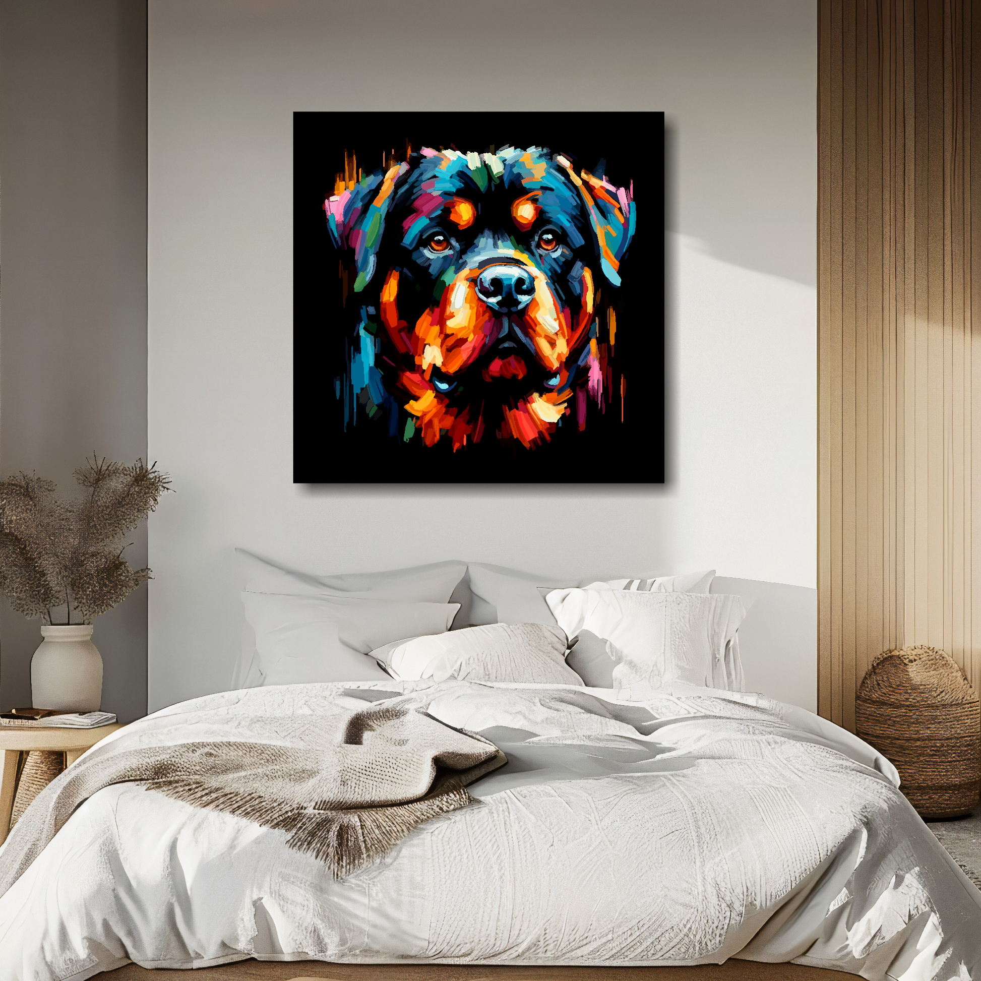Rottweiler portrait canvas above bed - colourful dog wall decor for UK bedrooms