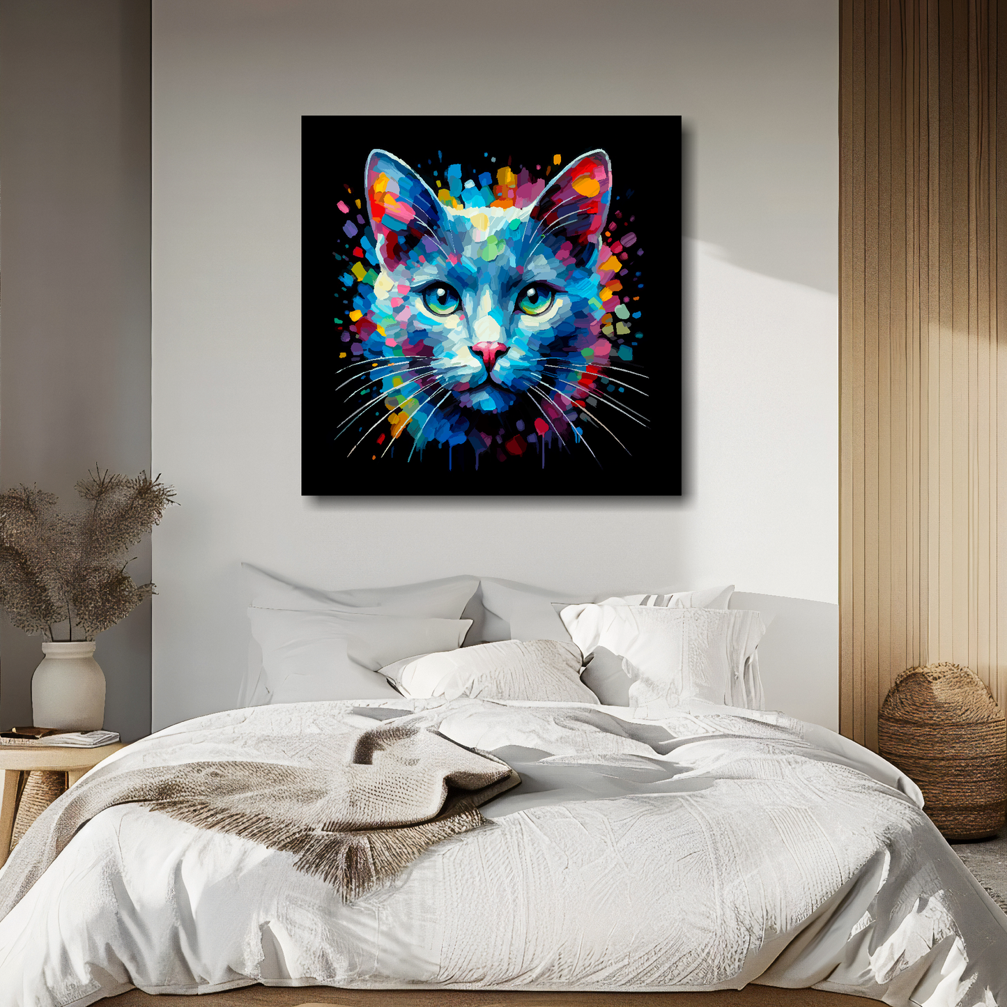 Russian Blue cat portrait canvas above bed - colourful cat wall decor for UK bedrooms