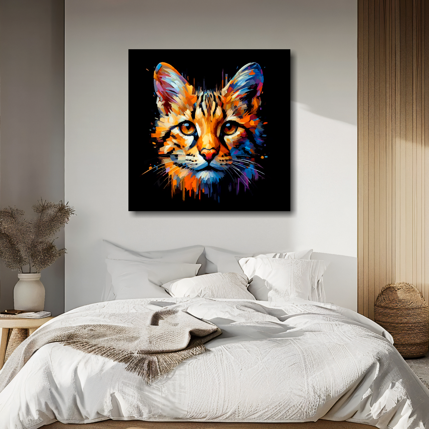 Savannah cat portrait canvas above bed - colourful cat wall decor for UK bedrooms