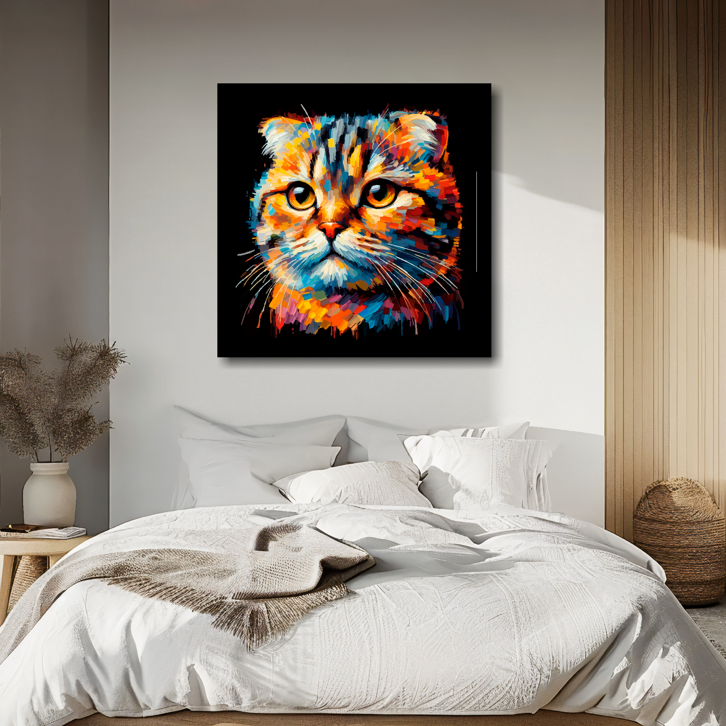 cottish Fold cat portrait canvas above bed - colourful cat wall decor for UK bedrooms