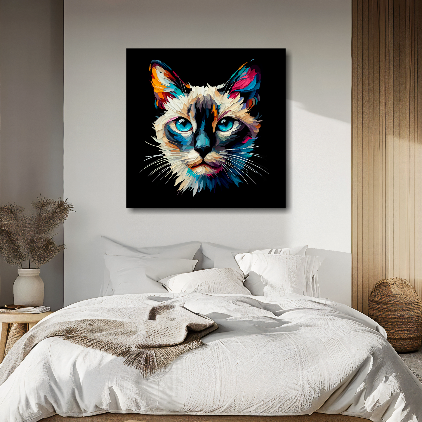 Siamese cat portrait canvas above bed - colourful cat wall decor for UK bedrooms