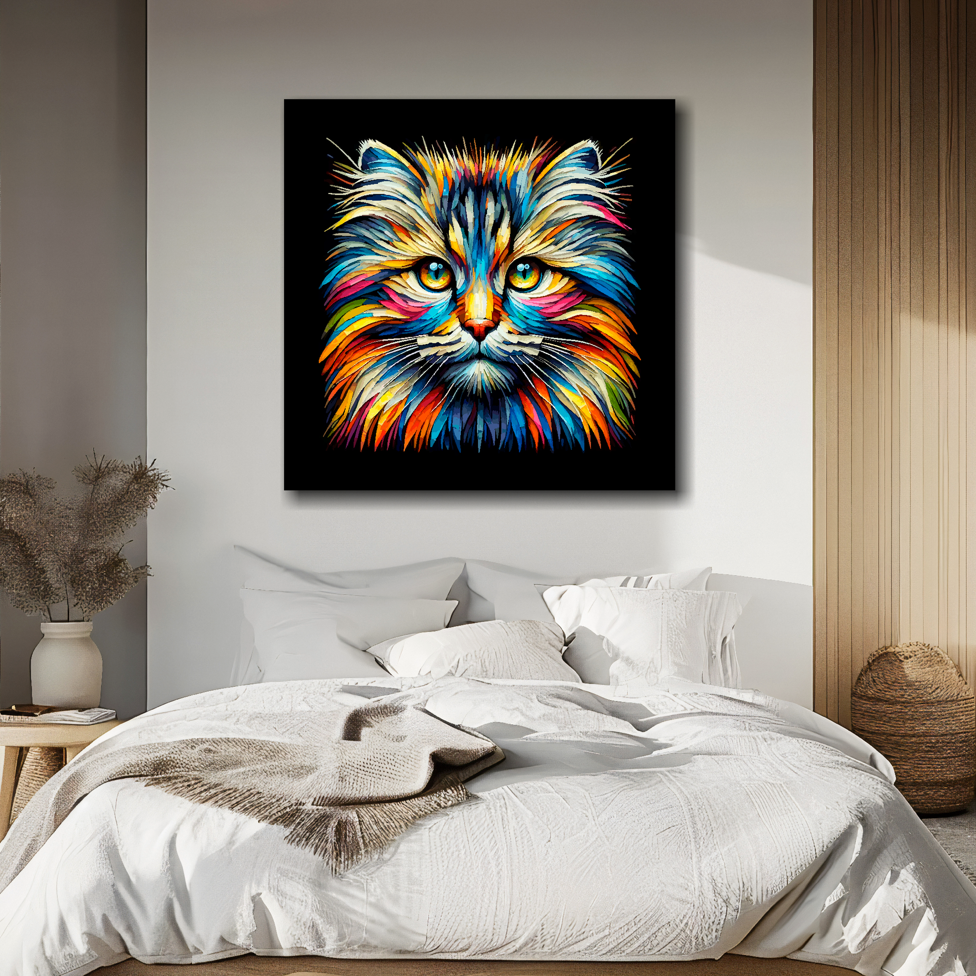 Siberian Forest cat portrait canvas above bed - colourful cat wall decor for UK bedrooms