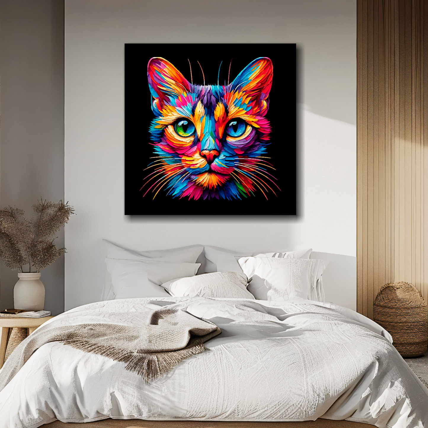 Singapura cat portrait canvas above bed - colourful cat wall decor for UK bedrooms