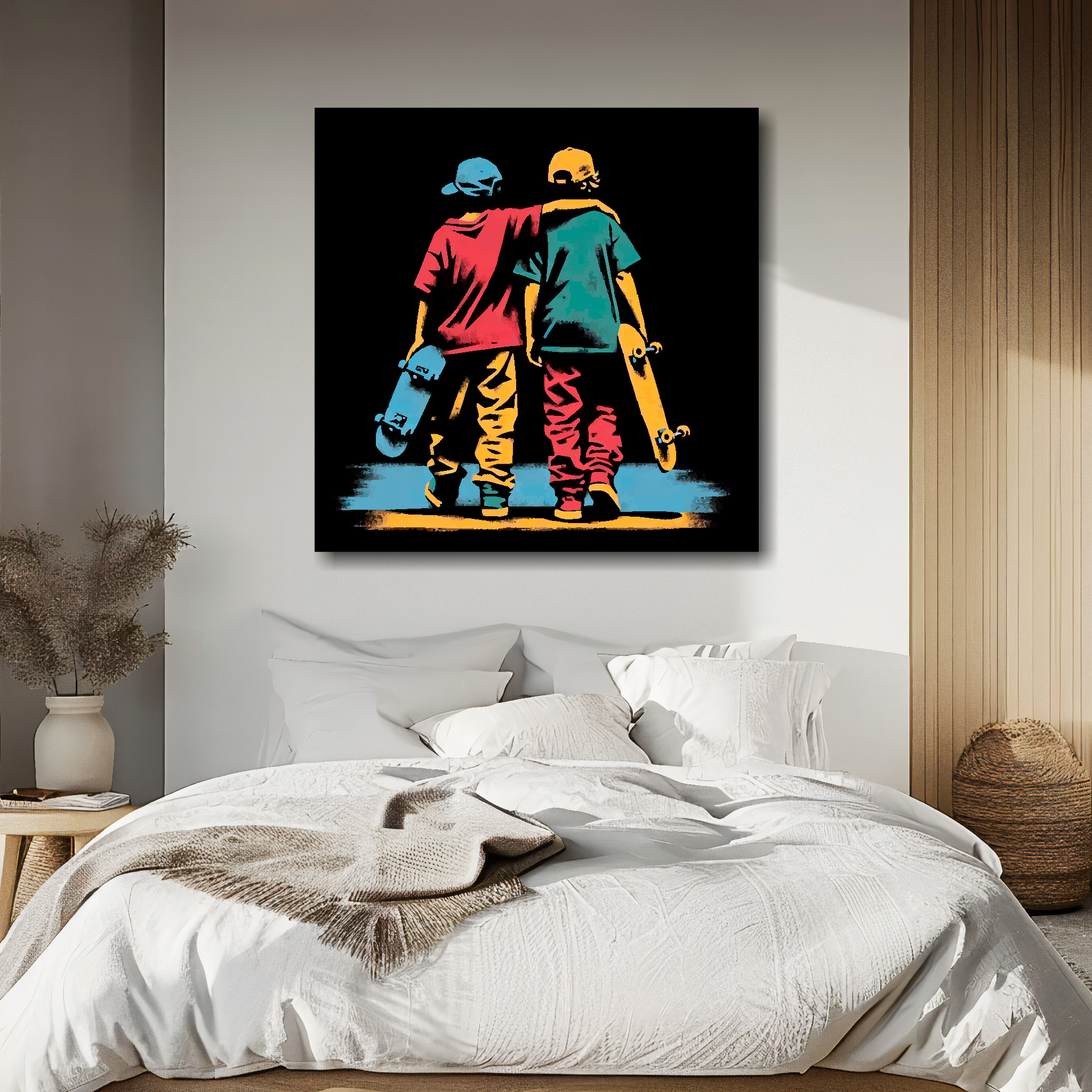 Skate mates canvas above bed - colourful skateboarding wall decor for UK bedrooms